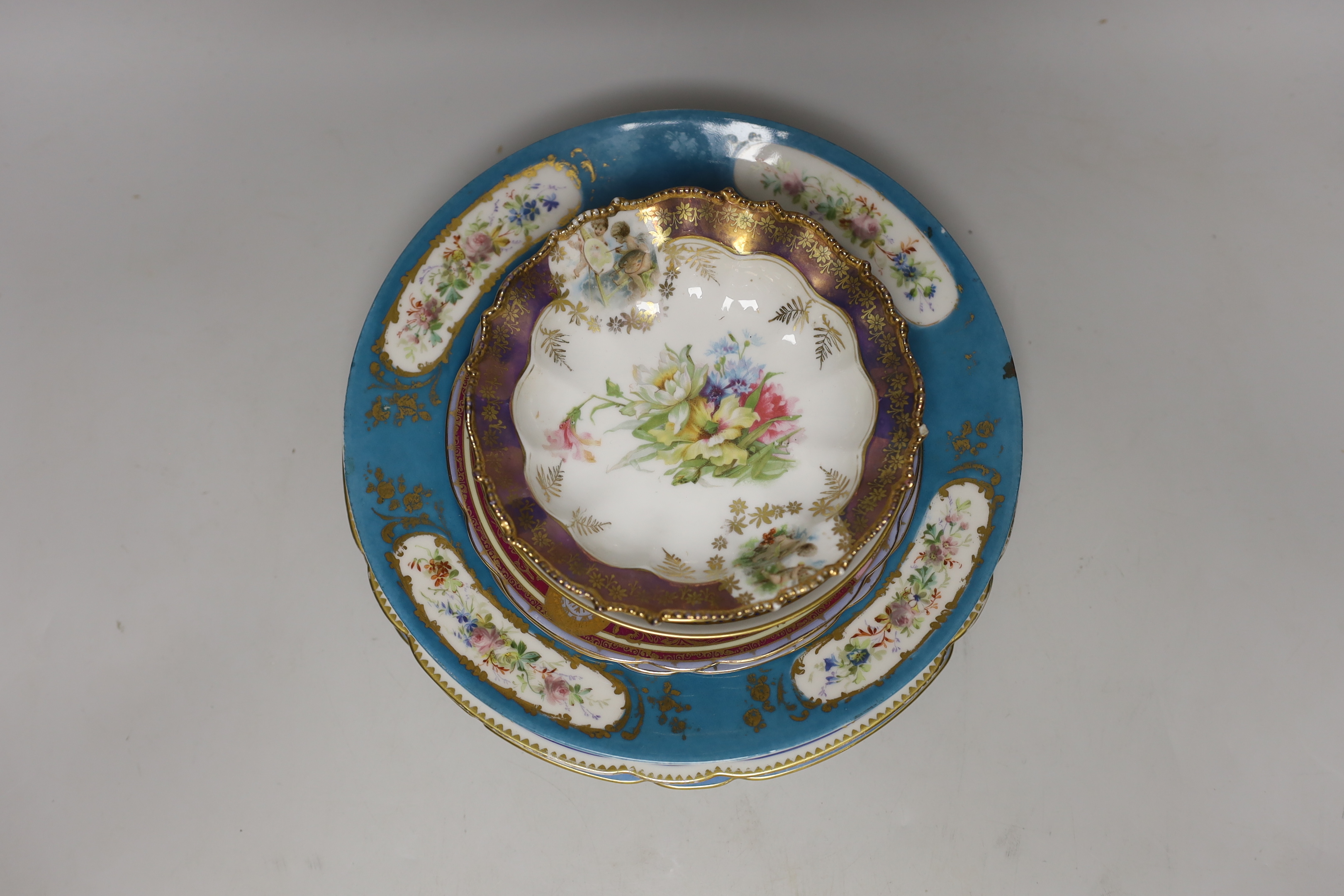 Three Sevres style porcelain cabinet plates and five Continental porcelain saucers, 19th/early 20th century, largest 23.5cm